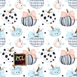 May include: A seamless pattern featuring various pumpkins with different designs. The pumpkins are in shades of blue, pink, and white with polka dots, stripes, and plaid patterns. Some pumpkins have a blue or pink bow. The background is white with small black and blue dots.