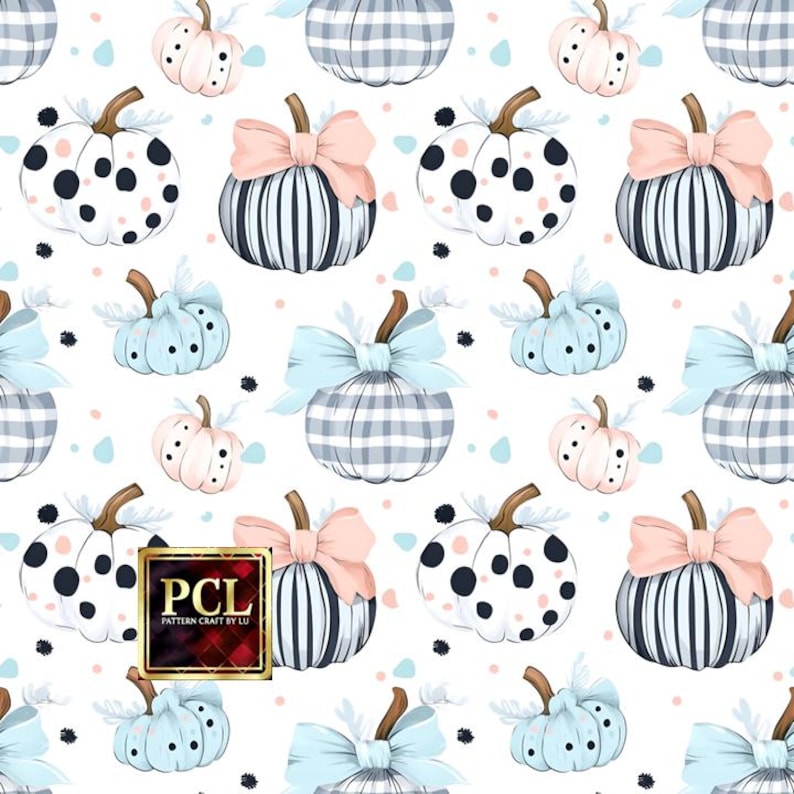 May include: A seamless pattern featuring various pumpkins with different designs. The pumpkins are in shades of blue, pink, and white with polka dots, stripes, and plaid patterns. Some pumpkins have a blue or pink bow. The background is white with small black and blue dots.