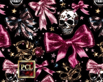 Padrão sem emendas de caveira e laço brilhantes: tecido glam gótico (download digital)