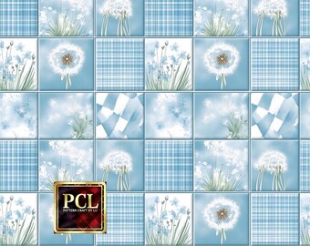 Quiltpatroon met blauwe paardenbloempatchwork: cottagecore-stof (digitale download)