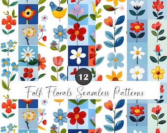Folk Floral Seamless Patterns: Retro Fabric Print (JPG Digital Download)