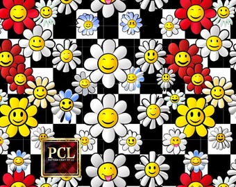 Padrão xadrez com flores sorridentes retrô: arte estilo anos 70 (impressão digital)