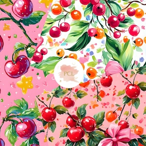 3 Cherry Seamless Pattern Set, Pink Cherry Digital Paper, Watercolor Fruit Background, Cute Cherry Scrapbook Paper, Printable Cherry Fabric