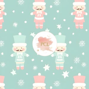 May include: A seamless pattern featuring a repeating design of pink and blue toy soldier illustrations on a light blue background. The pattern includes white snowflakes and stars.