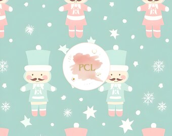 Grandmillennial Nutcracker Christmas Digital Paper, Pastel Holiday Background, Winter Scrapbooking, Festive Printable Pattern,