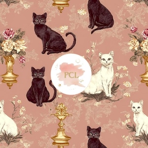 May include: A seamless pattern featuring black and white cats, gold decorative elements, and floral bouquets on a pink background. The pattern includes the text "PCL".