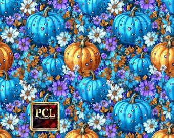 Padrão floral de abóbora azul e laranja: design de outono perfeito (download digital)