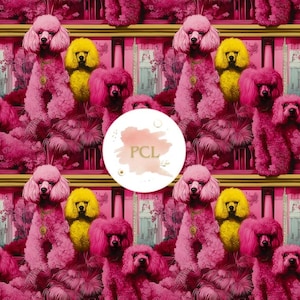 Pink Poodle Seamless Pattern, Bold Yellow Dog Print, Poodle Digital Download, Luxury Dog Wallpaper, Pet Fabric Design, Vibrant Dog Scrap