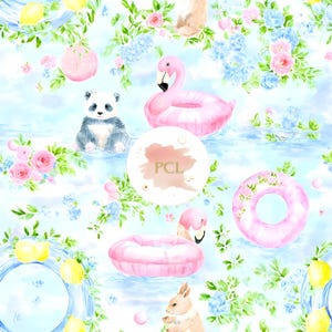 May include: Watercolor pattern featuring a panda, bunny, and flamingo pool floats. Pink roses, blue hydrangeas, and lemons are scattered across a light blue background. The text "PCL" is in a circle.