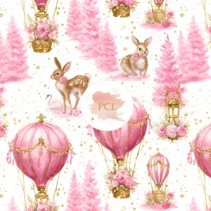 May include: A charming pattern with pink hot air balloons, trees, and floral baskets. Cute deer and rabbits with floral details are set against a white backdrop. Gold accents and confetti add a touch of elegance to this whimsical design.