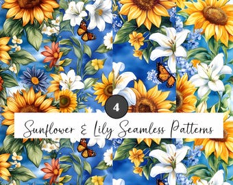 Sonnenblume Lilie Musterdesign: Blaue Blumen Schmetterling Print (Digitaler Download)