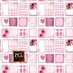 May include: A pink and white patchwork pattern with hearts and flowers. The pattern is repeated throughout the image. The text "PCL PATTERN CRAFT BY LU" is in a gold box in the center of the image.