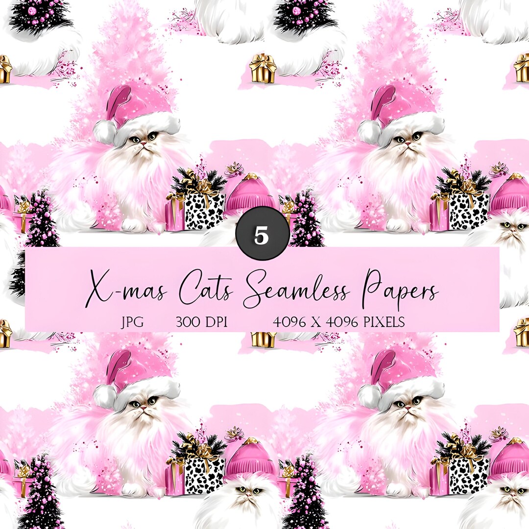 Christmas Cats Digital Paper: Pink Winter Kitty Seamless Pattern ...