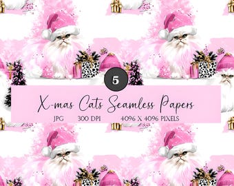 Gatos de Natal em papel digital: padrão sem emenda de gatinho rosa de inverno (download digital)