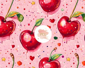 Patrón sin costuras de corazón y cereza: Papel digital de San Valentín (descarga digital)