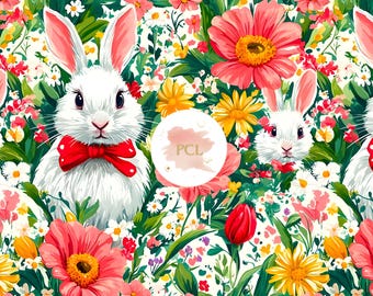 Padrão sem emendas de coelhinho branco coquete: estampa floral de Páscoa (download digital)