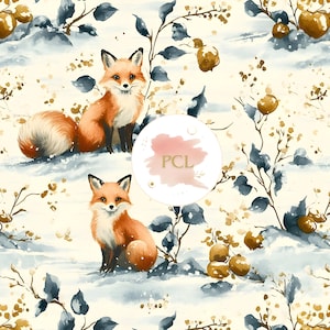 Watercolor Fox Pattern Fabric – Winter Woodland Animal Design, Seamless Fox Illustration, Perfect for Baby Nursery Decor