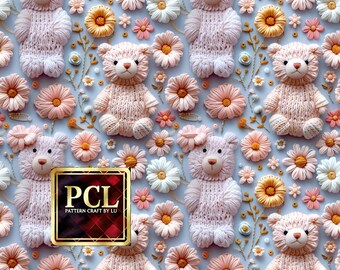 Teddy Bear Floral Seamless Pattern, Nursery Decor (Digital Download, 12x12 300 DPI)