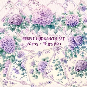 May include: A digital collage of purple hydrangea flowers with green leaves and stems. The flowers are arranged in a repeating pattern on a white background with a light pink overlay. The text "PURPLE HYDRANGEA SET 32 png + 16 jpg files" is in the centre of the image.