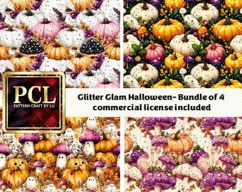 Glam Halloween Seamless Patterns: Rhinestone Pumpkins & Mushrooms (Digital Paper)