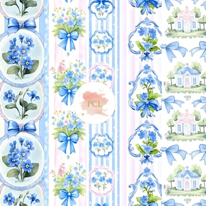 Aquarell Grandmillennial nahtlose Muster, blaues Pastell Blumen JPEG, Streifen, kariert, Glitzer, digitales Rapportmuster, Scrapbookpapier