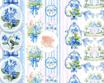 Watercolor Blue Floral Seamless Pattern: Grandmillennial Fabric Design (Digital Download)