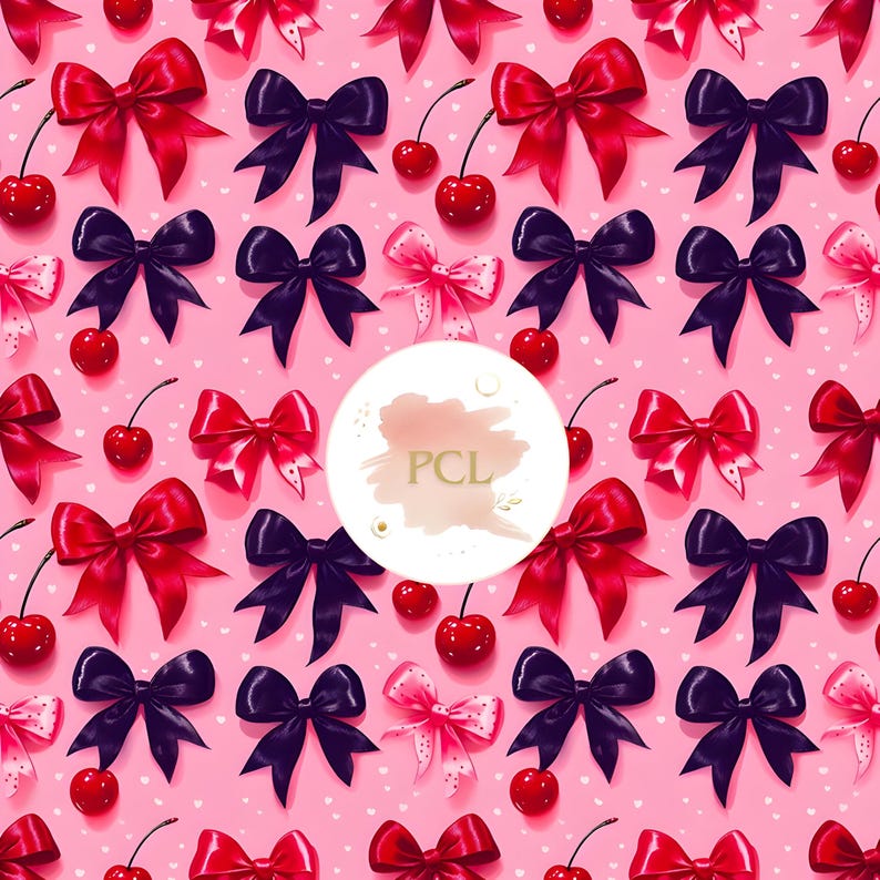Cherry Bow Digital Paper, Seamless Pink Background With Red and Black ...