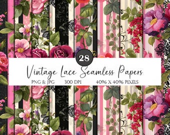 Vintage Floral Lace Papier: Nahtlose Muster mit Rosen- und Streifenmuster (Digitaler Download)