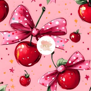 Modello senza cuciture di ciliegie Coquette, carta digitale con fiocco a pois rosa, ciliegie rosse e mele carine, sfondo kawaii, design stampabile