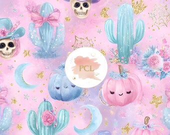 Pastel Halloween Pattern: Pumpkin, Cactus, Skull Fabric Print (Digital Download)