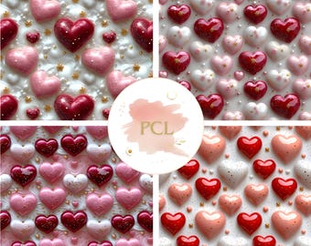 3D Glossy Hearts Pattern: Valentine Digital Paper Set (Digital Download)