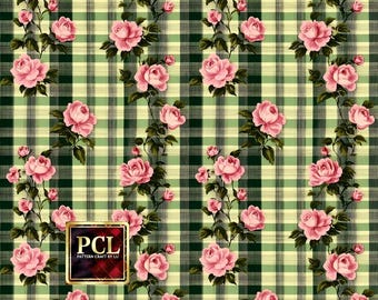 Cottagecore Rose Plaid Fabric: Vintage Floral Seamless Pattern (Digital Download)