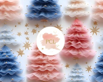 Papel Digital para Árvore de Natal em Tons Pastel: Padrão de Natal 3D com Babados (Download Digital)