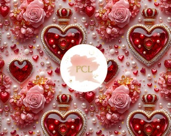 Red Heart & Roses Seamless Pattern: Luxury Valentine Fabric (Digital Download)