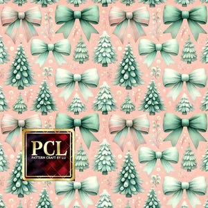 Mint Green Bows Christmas Tree Pattern: Retro Holiday Fabric (Digital Download)
