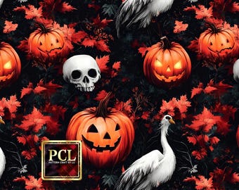 Gruseliges Halloween-Muster: Kürbisse, Schädel, Kraniche (Digitaler Download)