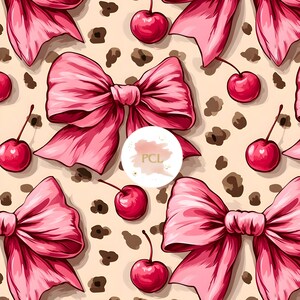 May include: A seamless pattern featuring pink bows and red cherries on a beige background with brown leopard print spots.