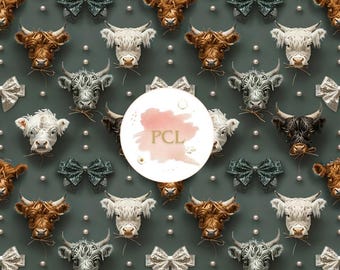 Highland Kuh Weihnachtsmuster: Rustikales Farmhaus Tier-Design (Digitales Papier)