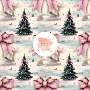 Preppy Christmas Tree Seamless Pattern | Pink Ribbon Holiday Print | Festive Digital Paper | Scrapbook Background