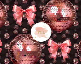 Rose Gold Disco Ball Seamless Pattern, Pink Bow Fabric Print (Digital Download)