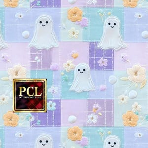 May include: A pastel pink, purple, and blue checkered fabric with embroidered white ghosts and flowers. The fabric has the text "PCL PATTERN CRAFT BY LU" in a gold box.