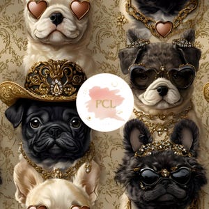 Luxury French Bulldog Digital Paper, Glamorous Frenchie Seamless Pattern, Elegant Scrapbooking Wrapping Print, Cute Dog Wrapping Paper,