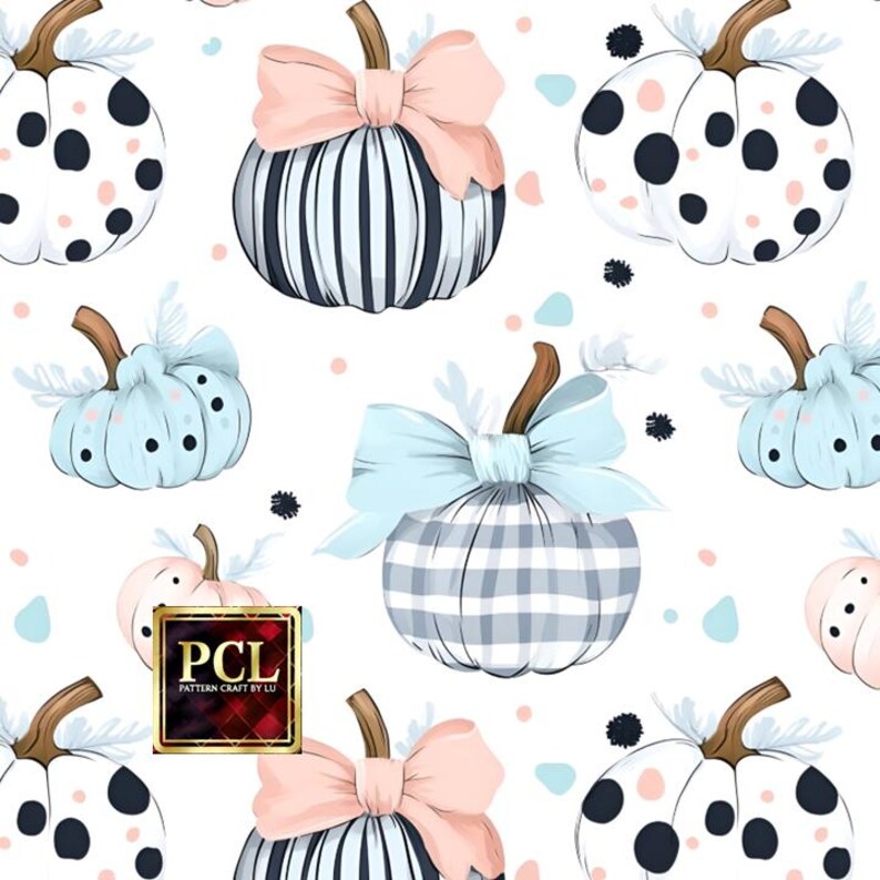 May include: A seamless pattern featuring various pumpkins with different designs. The pumpkins are decorated with stripes, polka dots, and plaid patterns. Some pumpkins have bows in pink and blue. The background is white with scattered pink and blue dots.