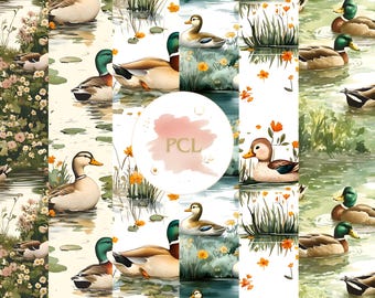 Watercolor Mallard Duck Seamless Pattern: Rustic Wildlife Fabric (Digital Download)