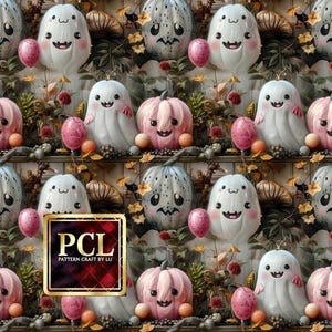 Cute Felted Ghosts and Pumpkins Seamless Halloween Pattern, 3D Kawaii Digital Paper, Fall Sublimation PNG, Ghost Clipart for Scrapbooking