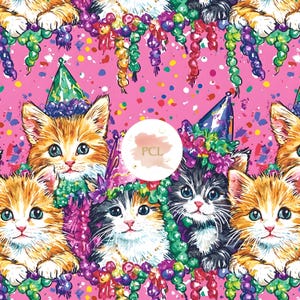 May include: Four kittens wearing party hats and colorful beaded necklaces on a pink background with confetti. The kittens are looking at the camera. The image has the text "PCL" in a circle.