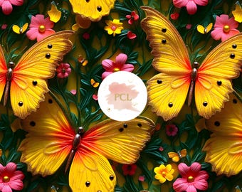 Yellow Butterfly Floral Seamless Pattern: Spring Fabric Print (Digital Download)