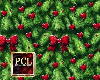 Green 3D Christmas Fur Seamless Pattern, Red Bow and Heart Ornaments Digital Paper, Festive Holiday Pine Background for Crafts