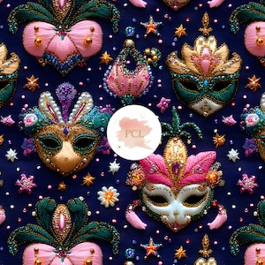 Mardi Gras Seamless Pattern, Carnival Mask Pattern, Festive Beaded Mask Sublimation , Purple and Gold Digital Paper, Fun Fabric Print
