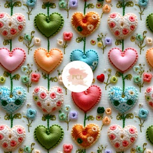 Gestickte 3D-Herzen, digitales Papier, nahtloser Hintergrund mit bunten Blumen, DIY Clipart für Scrapbooking, Valentinstag und Geschenke